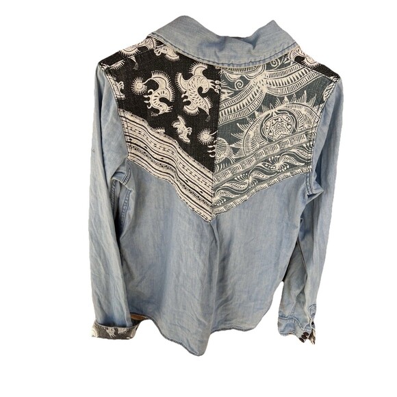 Denim Patchwork Free Women's Small Distressed Long Sleeve Button Up - Picture 3 of 6